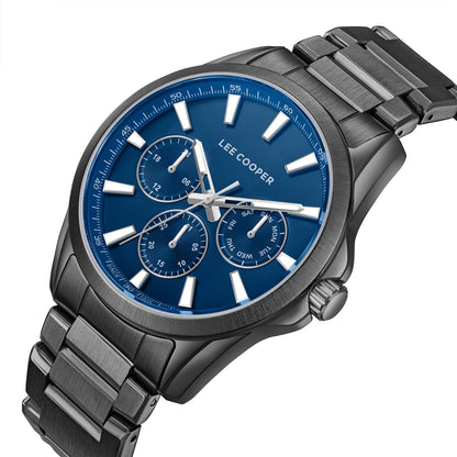 Side angle view of Lee Cooper multifunction watch showing navy dial and black strap