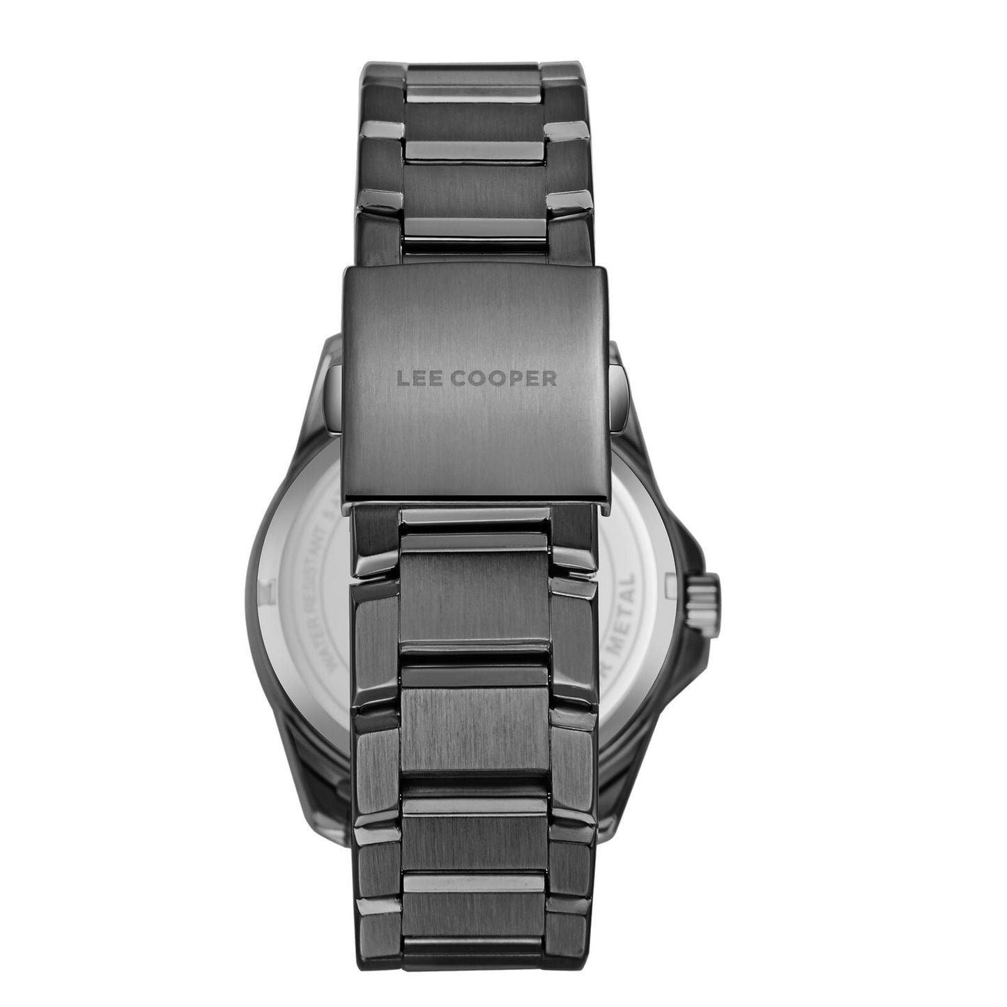 Lee Cooper watch caseback showing black stainless steel and engraved branding