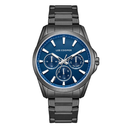 Lee Cooper multifunction watch with navy dial, three subdials, and black metal strap