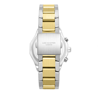 Lee Cooper two-tone watch caseback showing steel and gold bracelet construction