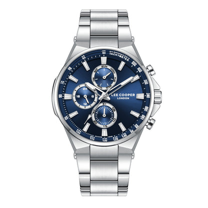 Lee Cooper Contemporary multifunction chronograph watch with blue dial and silver bracelet
