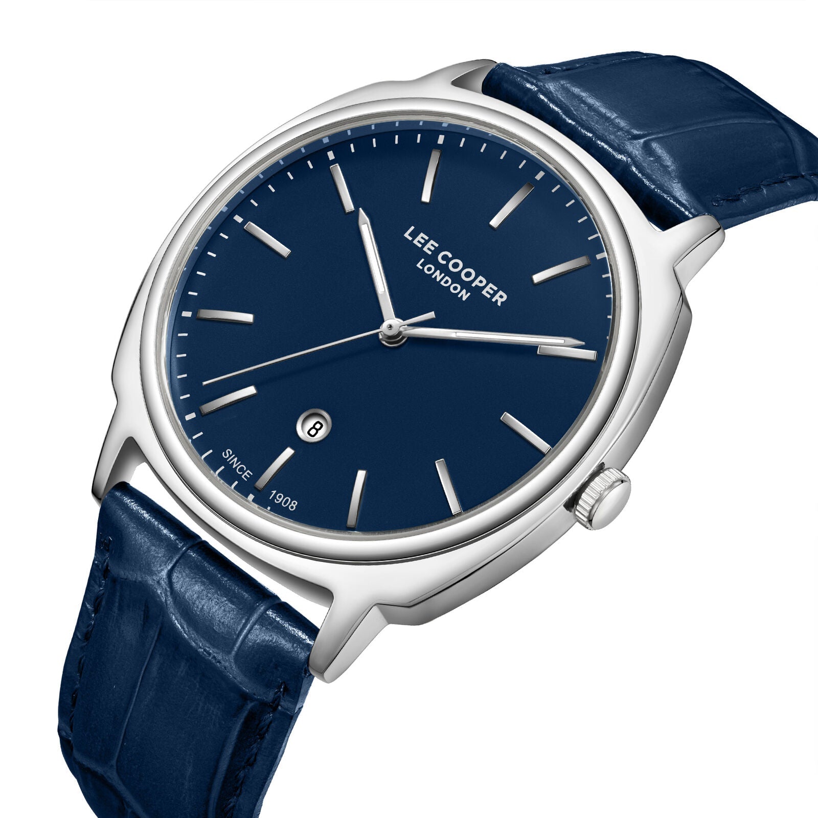 Lee Cooper watch angled view showing silver case with navy dial and leather strap