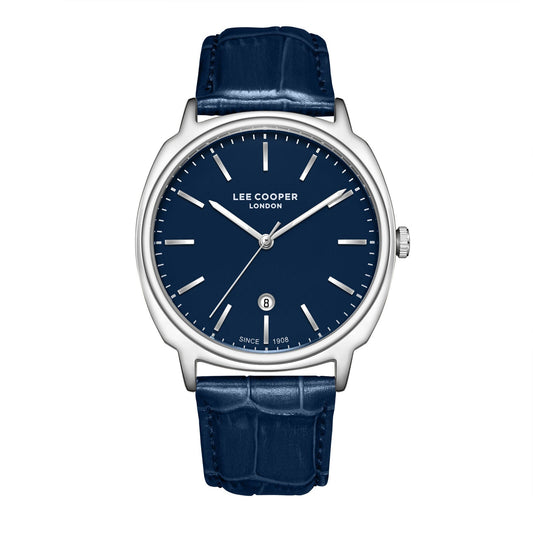 Lee Cooper navy blue dial watch with silver case and navy leather strap