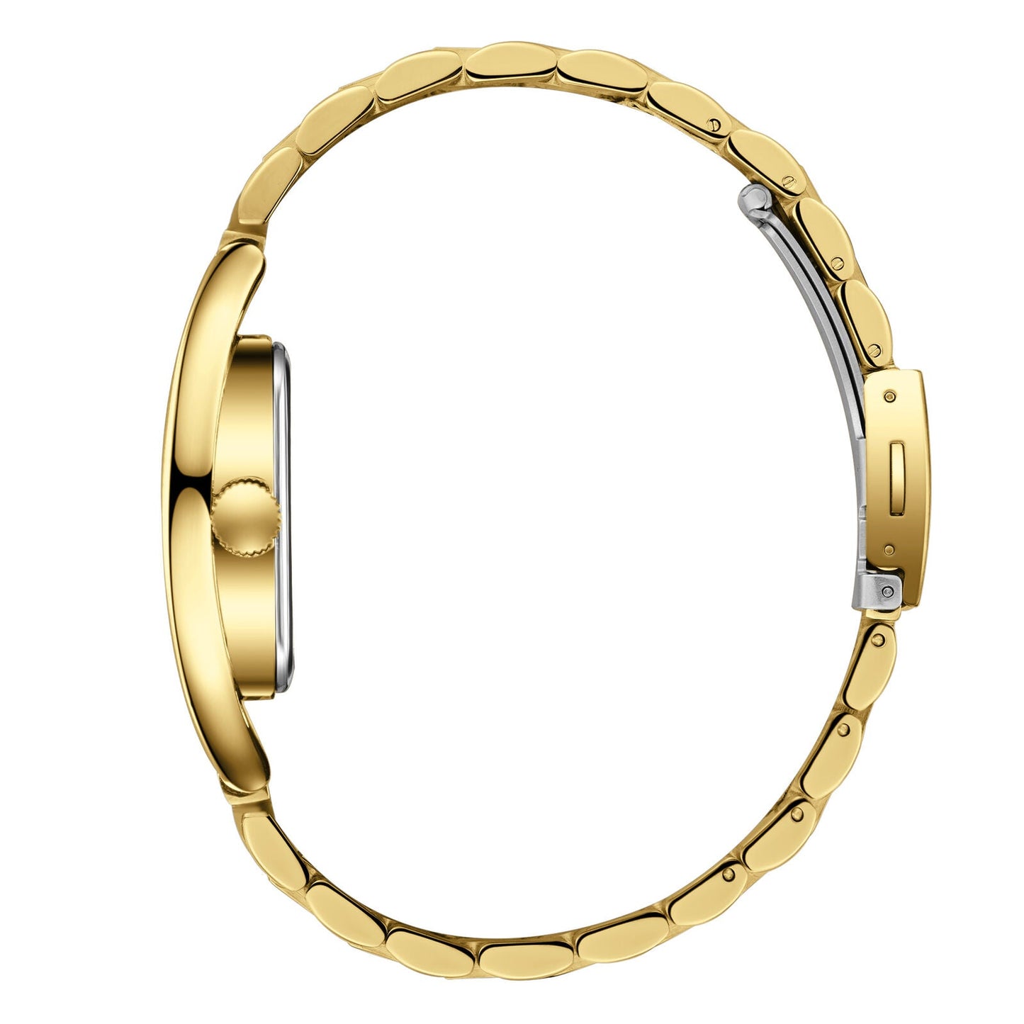 Lee Cooper watch side view displaying rounded square gold case and bracelet