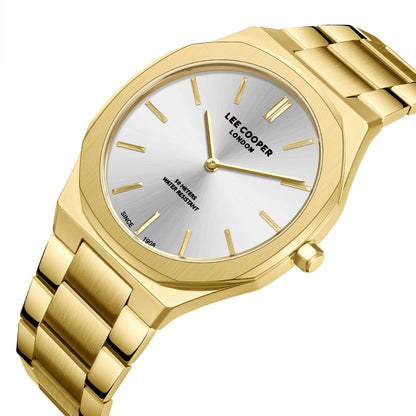 Lee Cooper Classic watch angled view showing silver dial and gold case details