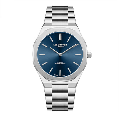 Lee Cooper Classic blue dial silver watch with steel bracelet, front view