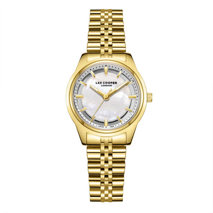 Lee Cooper Classic watch with white mother-of-pearl dial, gold-tone case and bracelet