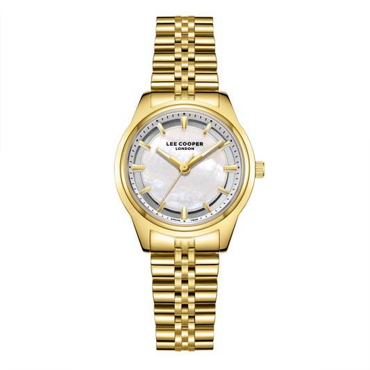 Lee Cooper Classic watch with white mother-of-pearl dial, gold-tone case and bracelet