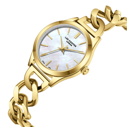 Lee Cooper Classic watch at angle showing white MOP dial and chunky gold chain bracelet
