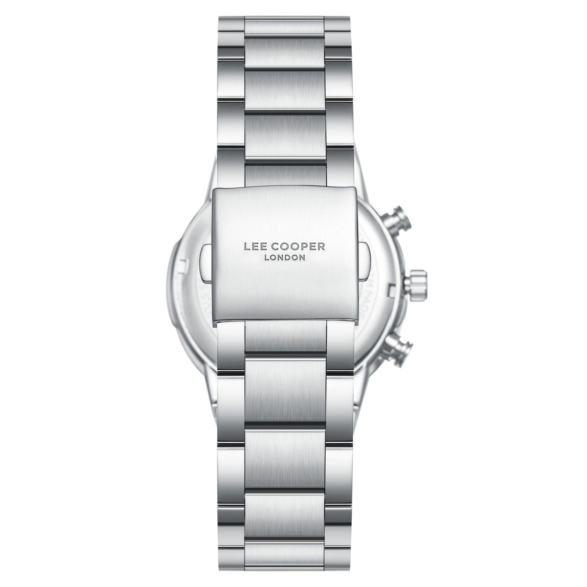 Lee Cooper chronograph watch case back showing silver-tone stainless steel with branding