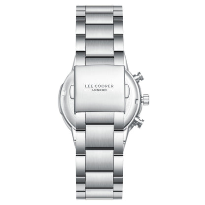 Lee Cooper chronograph watch case back showing silver-tone stainless steel with branding