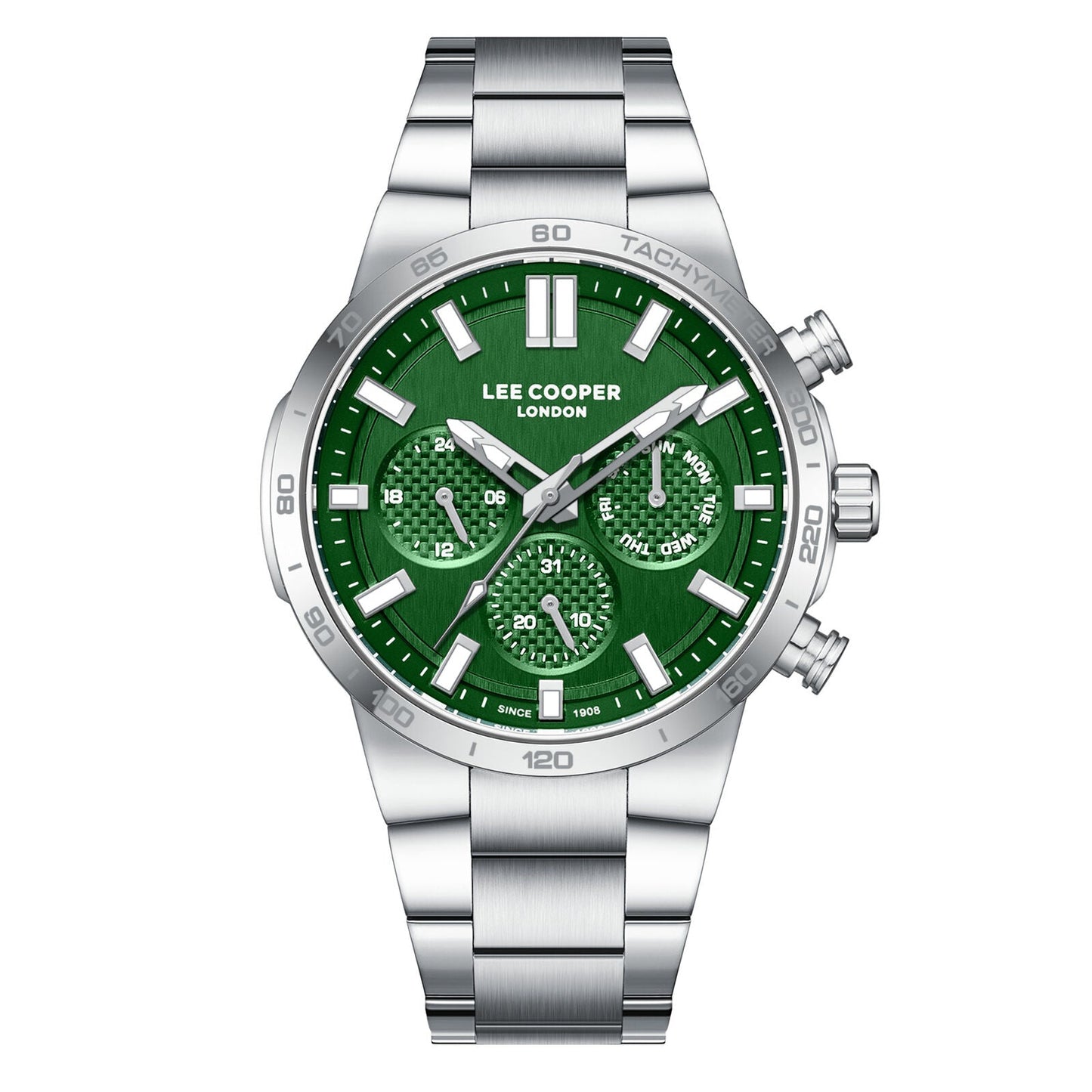 Lee Cooper chronograph watch with green dial and silver-tone stainless steel bracelet