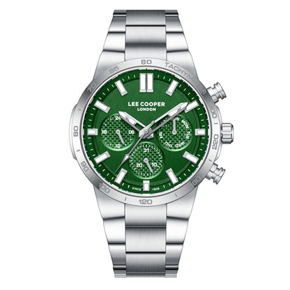 Lee Cooper chronograph watch with green dial and silver-tone stainless steel bracelet