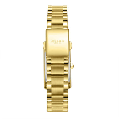 Lee Cooper watch caseback showing gold-tone engraved case and link bracelet