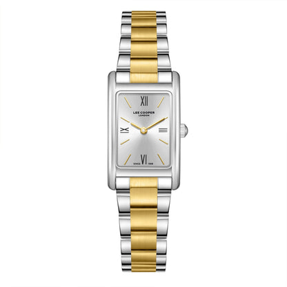 Lee Cooper LC08300.230 square silver dial watch with two-tone steel and gold bracelet