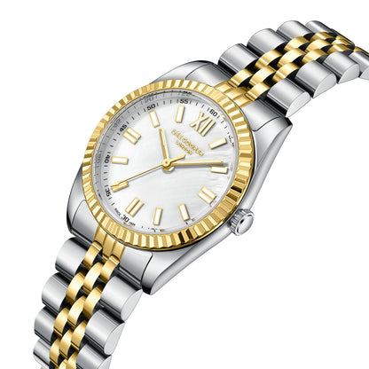 Lee Cooper LC08303 two-tone watch with white dial, angled view showing beaded bezel
