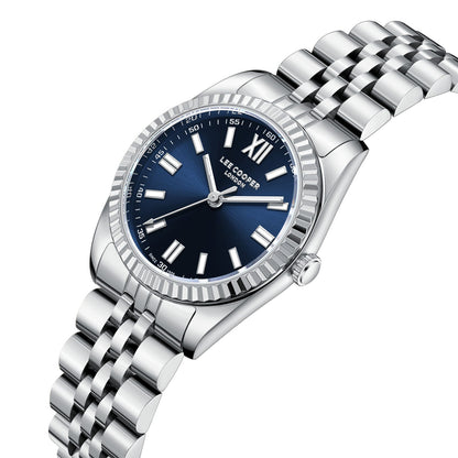 Lee Cooper LC08303.390 watch displayed at angle showing blue dial and silver bracelet