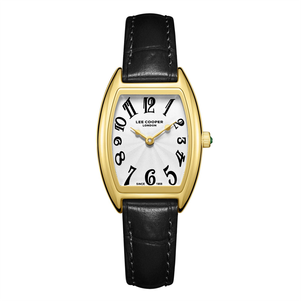 Lee Cooper rectangular watch with white dial, gold case, black leather strap