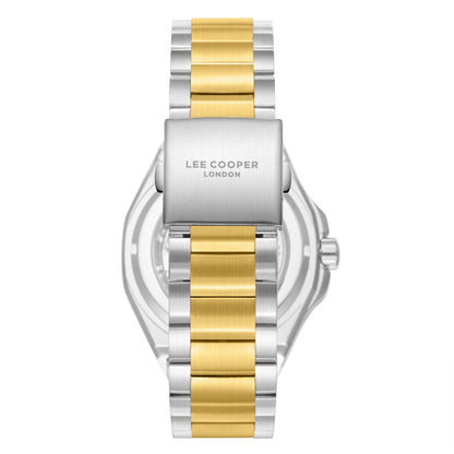 Case back of Lee Cooper watch displaying two-tone steel and gold-plated bracelet with London branding