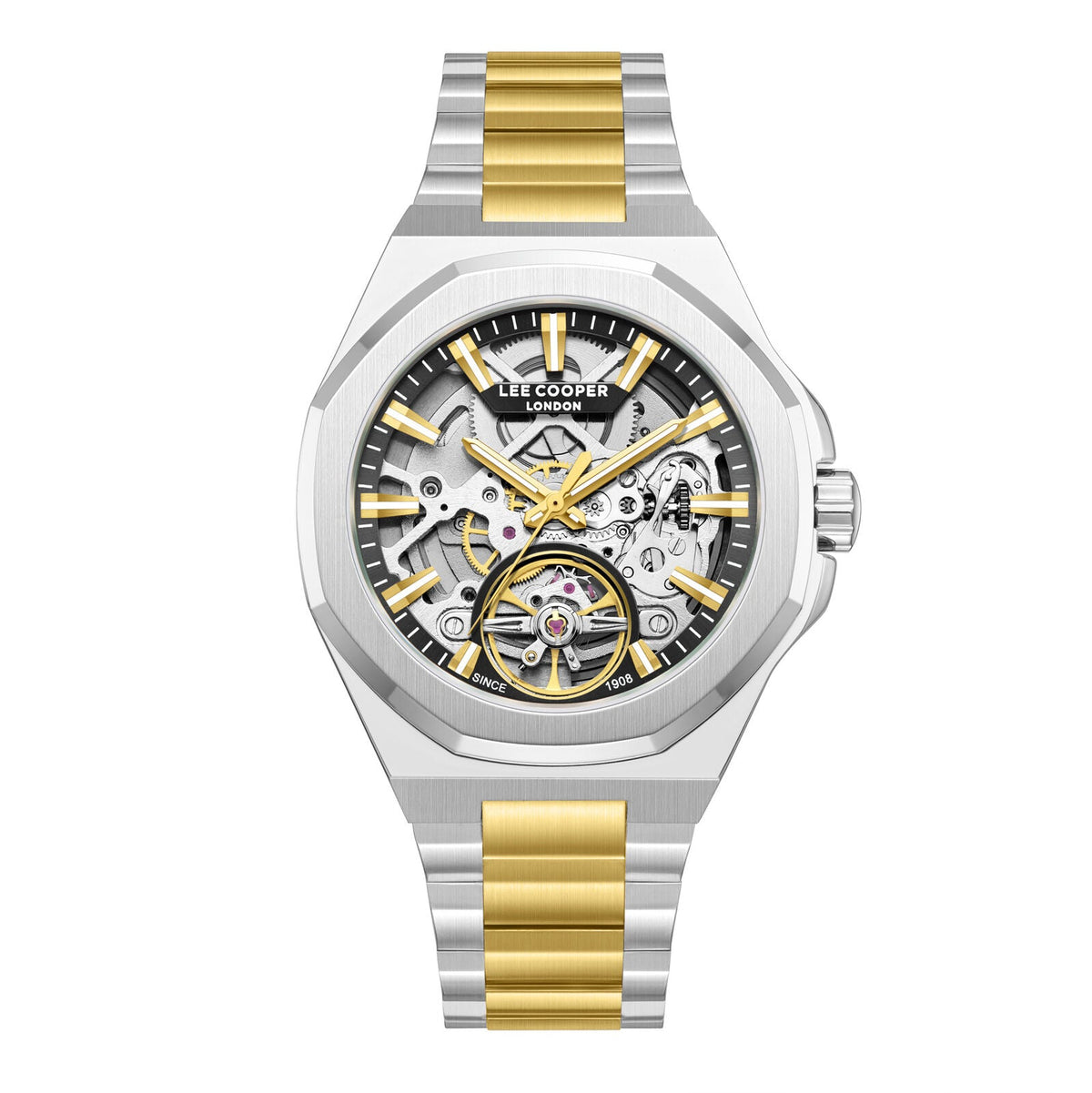 Lee Cooper LC08368.230 two-tone automatic watch with black skeleton dial and visible gold-accented tourbillon