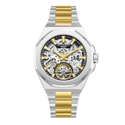 Lee Cooper LC08368.230 two-tone automatic watch with black skeleton dial and visible gold-accented tourbillon