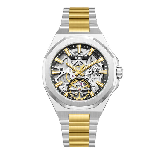 Lee Cooper LC08368.230 two-tone automatic watch with black skeleton dial and visible gold-accented tourbillon