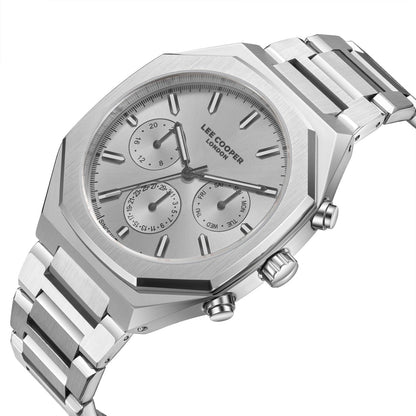 Lee Cooper Malo silver watch angled view showing octagonal case, subdials, and silver bracelet