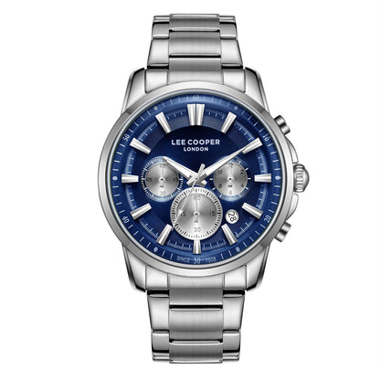 Lee Cooper Malo chronograph watch with blue dial, silver subdials, and silver stainless steel bracelet