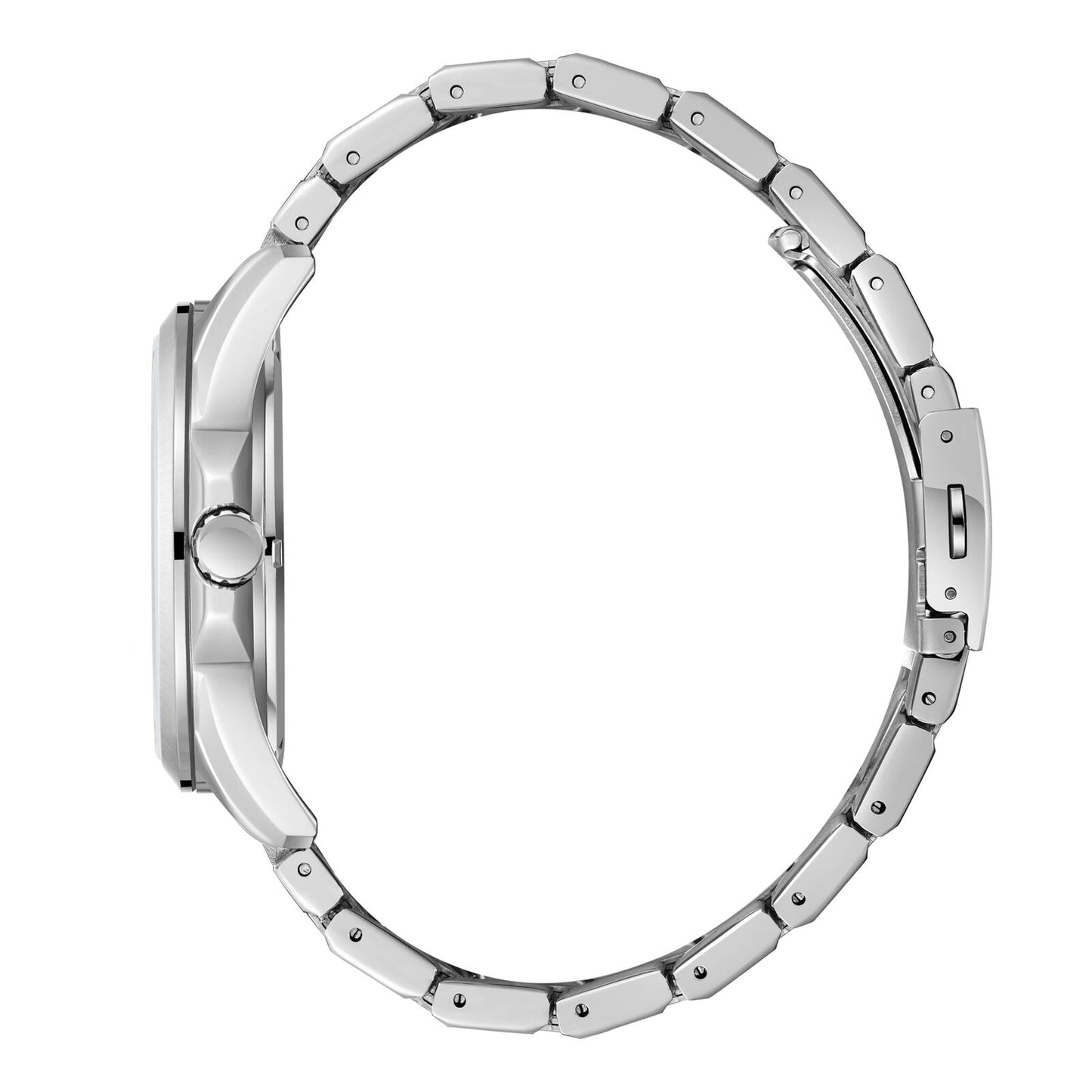 Side profile of Lee Cooper Malo watch showing silver stainless steel case and bracelet