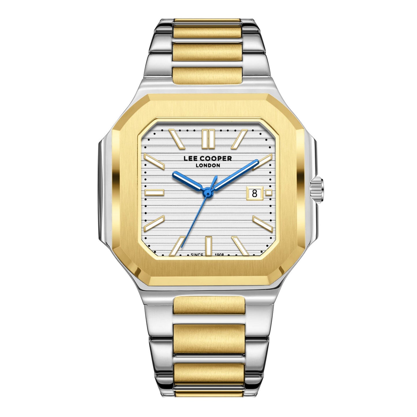 Lee Cooper Maxime square case silver dial two-tone gold and silver watch with blue hands