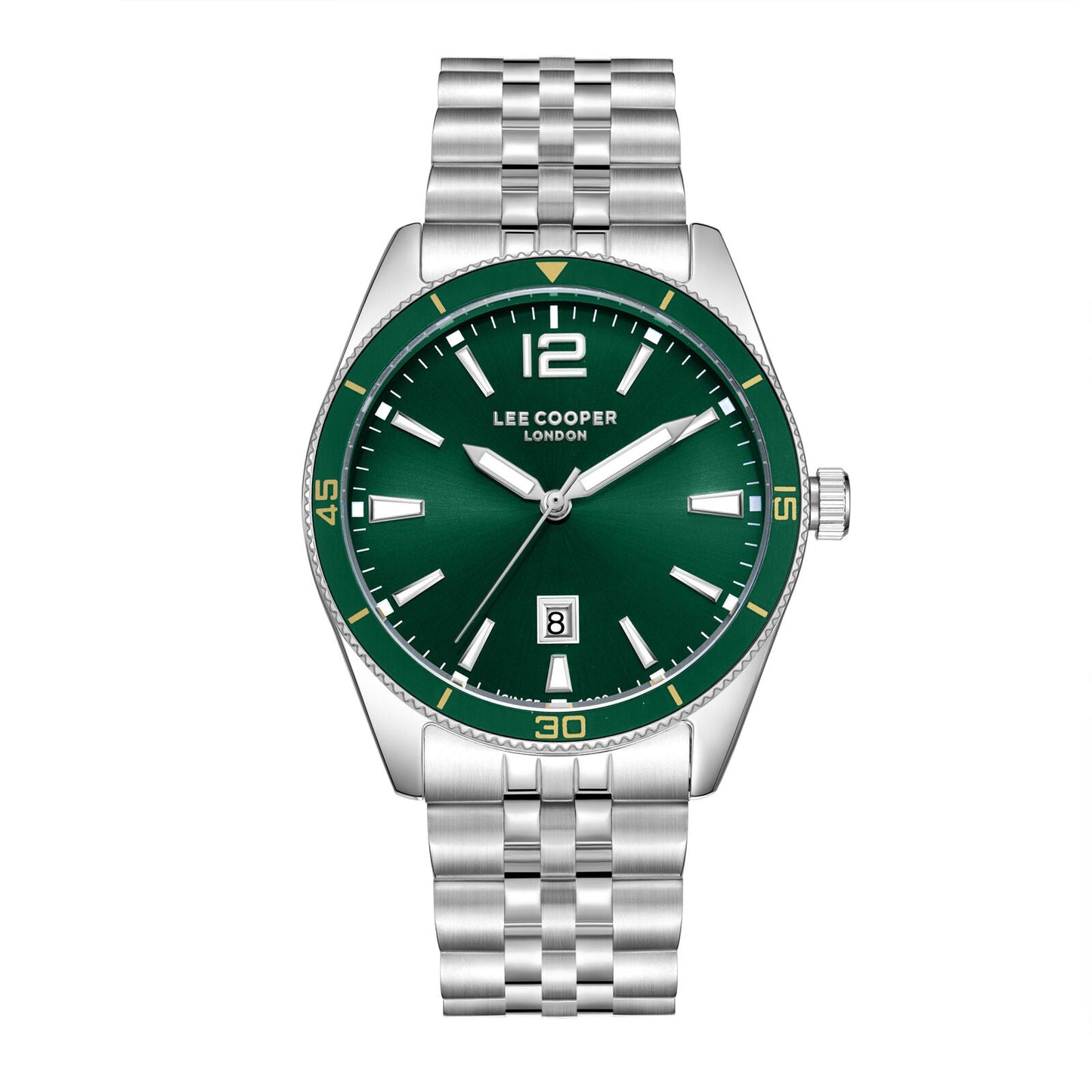 Lee Cooper Oswin watch with green dial, silver stainless steel case and bracelet, date window