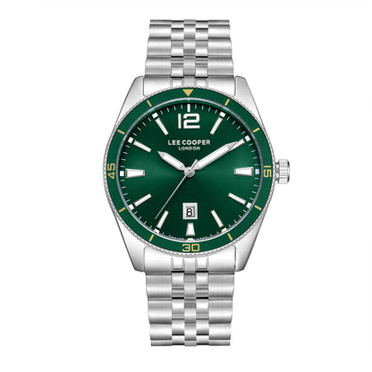Lee Cooper Oswin watch with green dial, silver stainless steel case and bracelet, date window