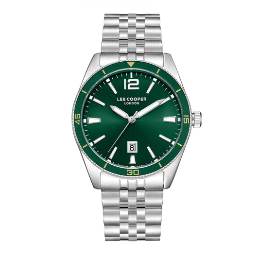 Lee Cooper Oswin watch with green dial, silver stainless steel case and bracelet, date window