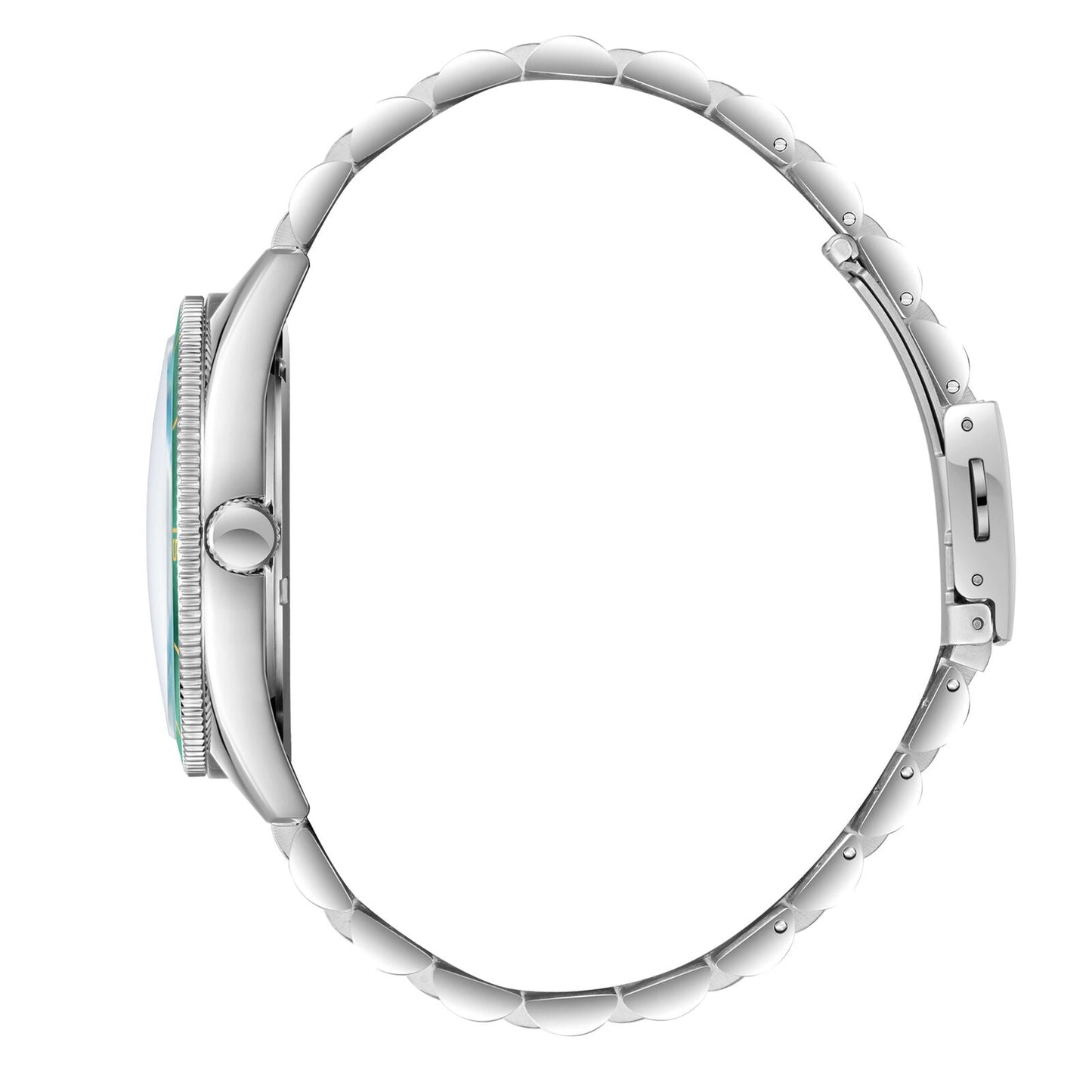 Lee Cooper Oswin watch side profile view showing silver stainless steel bracelet links