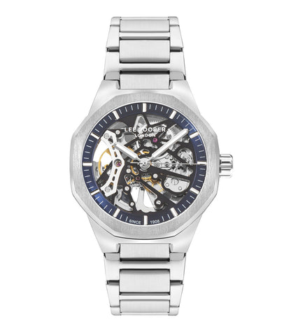 Lee Cooper Richard automatic skeleton watch with blue dial, visible movement, and silver metal bracelet