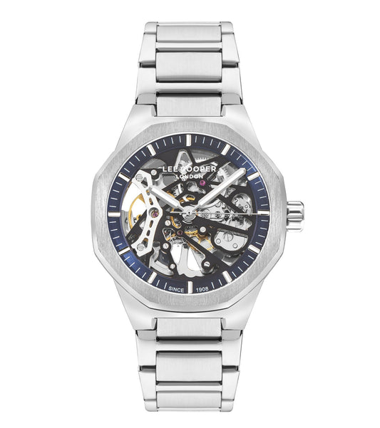 Lee Cooper Richard automatic skeleton watch with blue dial, visible movement, and silver metal bracelet