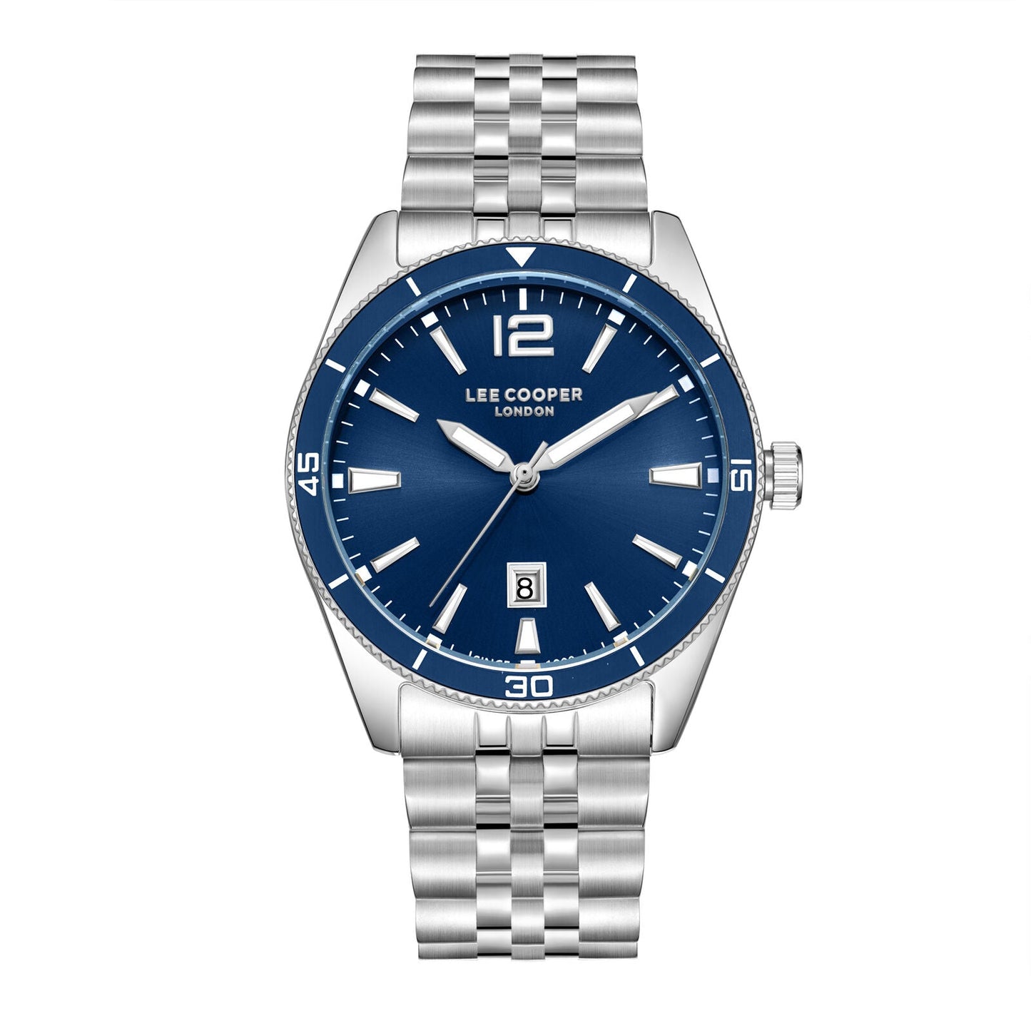 Lee Cooper Simon watch with blue dial, silver hands, date window and silver steel bracelet