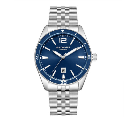 Lee Cooper Simon watch with blue dial, silver hands, date window and silver steel bracelet