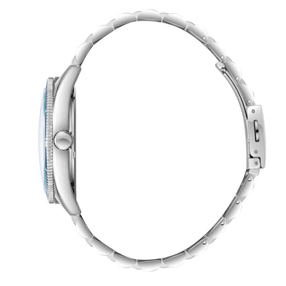 Side profile view of Lee Cooper Simon watch displaying case thickness and silver steel band