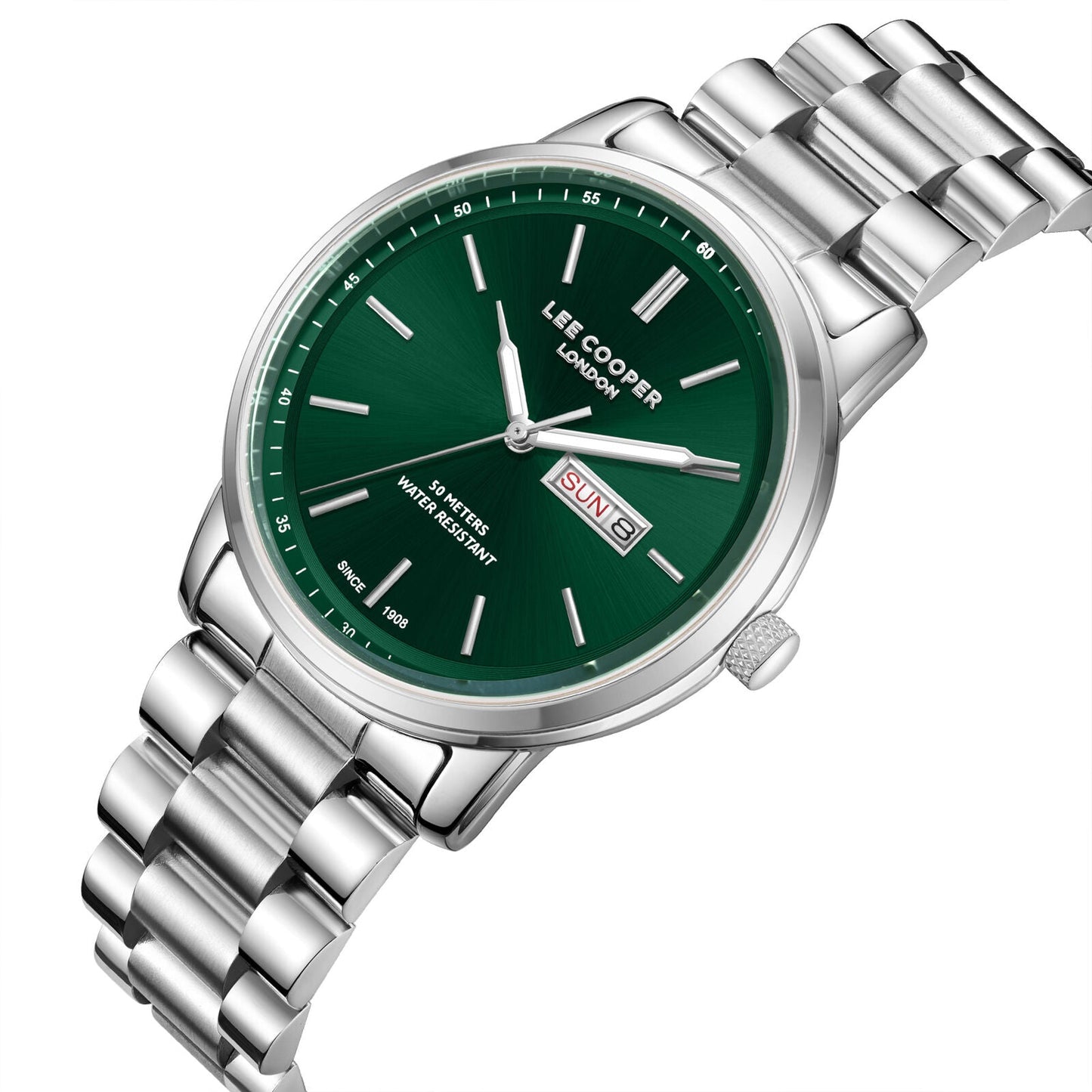 Lee Cooper Urian watch angled view showing silver steel bracelet and green dial
