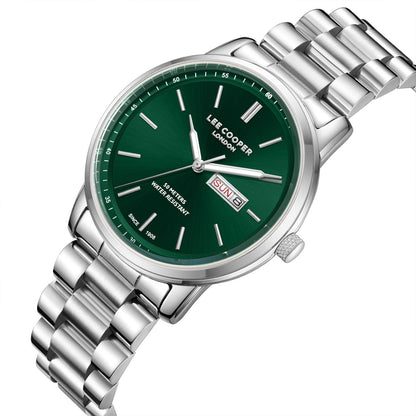 Lee Cooper Urian watch angled view showing silver steel bracelet and green dial