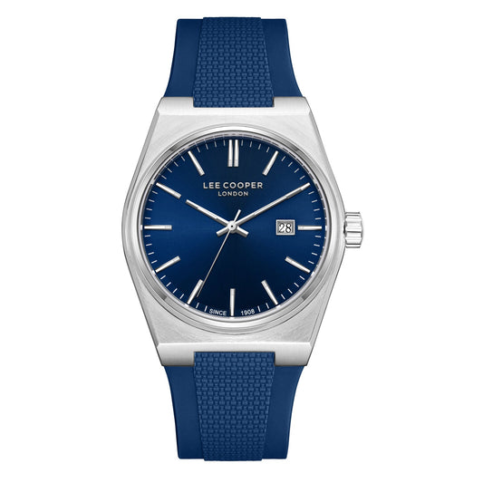 Lee Cooper Zane watch with blue dial, silver case, and blue silicone strap