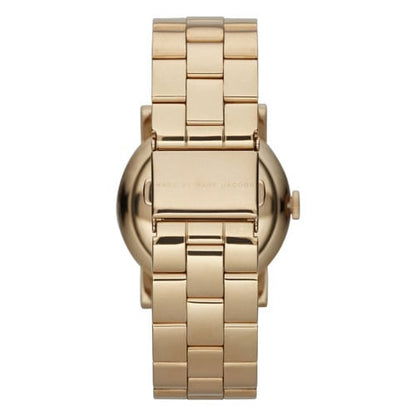 Back view of Marc by Marc Jacobs Amy watch showing gold-tone case back and bracelet