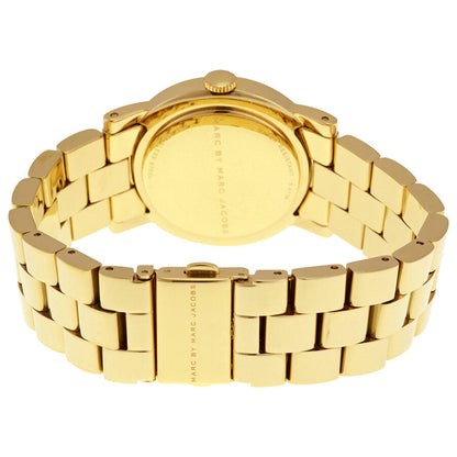 Marc by Marc Jacobs Amy watch caseback showing gold tone case and bracelet