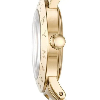Side profile of gold-tone steel case and bracelet with crown detail