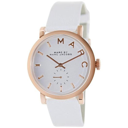 Marc by Marc Jacobs Baker watch with white dial, rose gold case, and white leather strap
