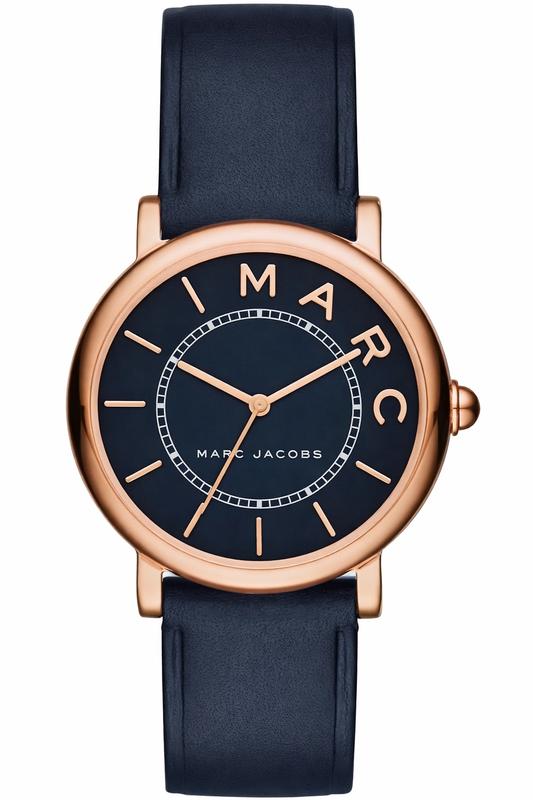 Marc Jacobs Classic Mini MJ1539 watch with navy dial, rose gold case, and navy leather strap