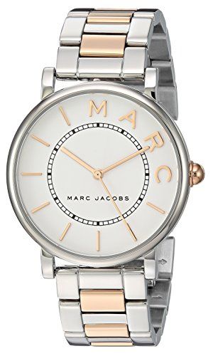 Marc Jacobs Roxy MJ3551 silver dial rose gold steel watch angled view