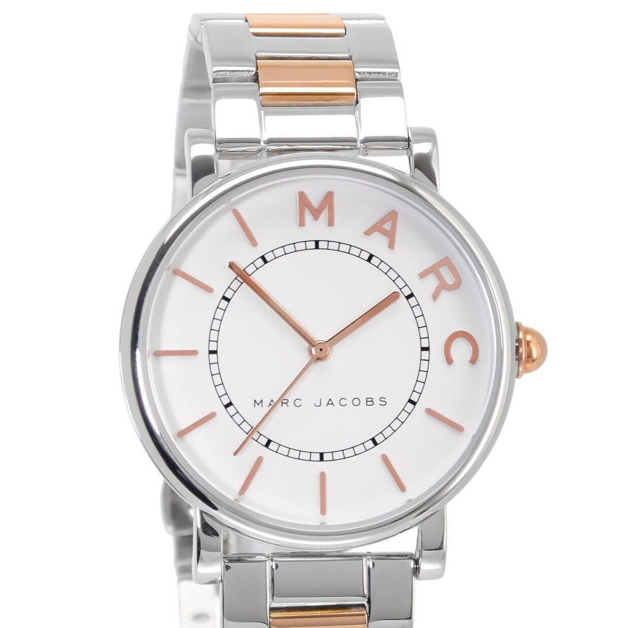 Marc Jacobs Roxy MJ3551 silver dial with rose gold indices and hands