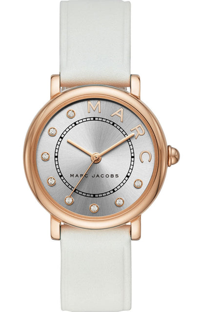 Marc Jacobs Vic silver dial rose gold women's watch with white leather strap